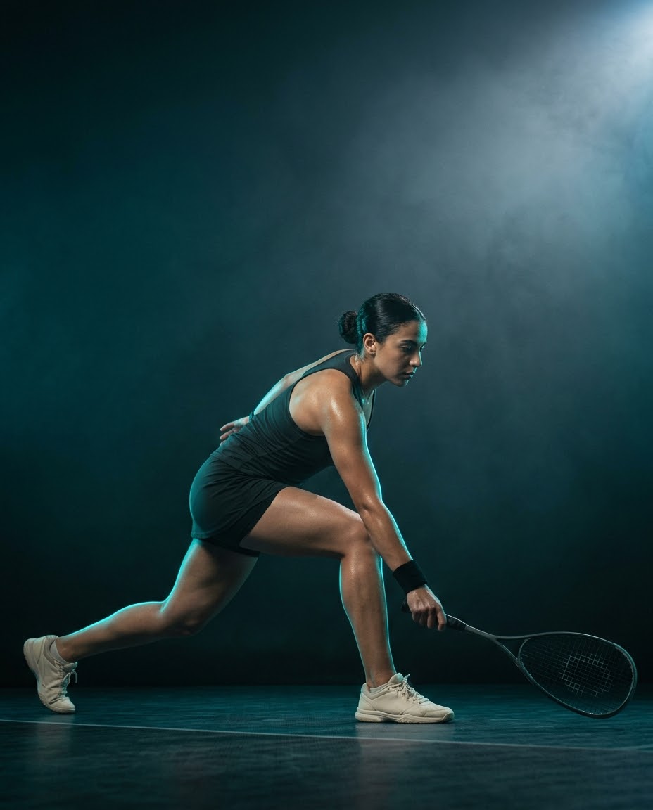Squash athlete lunging