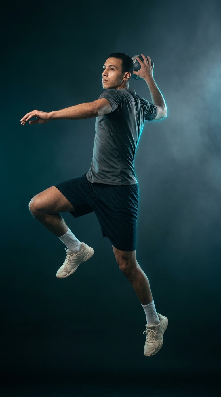 Handball player mid-jump, preparing to throw